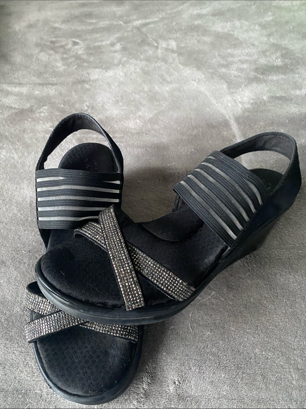Skechers Black Wedge Sandals with Sparkle Crisscross Straps
